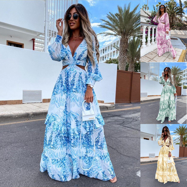 Elegant Women's Hollow Floor V-neck Long-sleeved Plant Dress Long Dresses Spring Summer Print V-neck Long Sleeve Dress Delight Stuffz