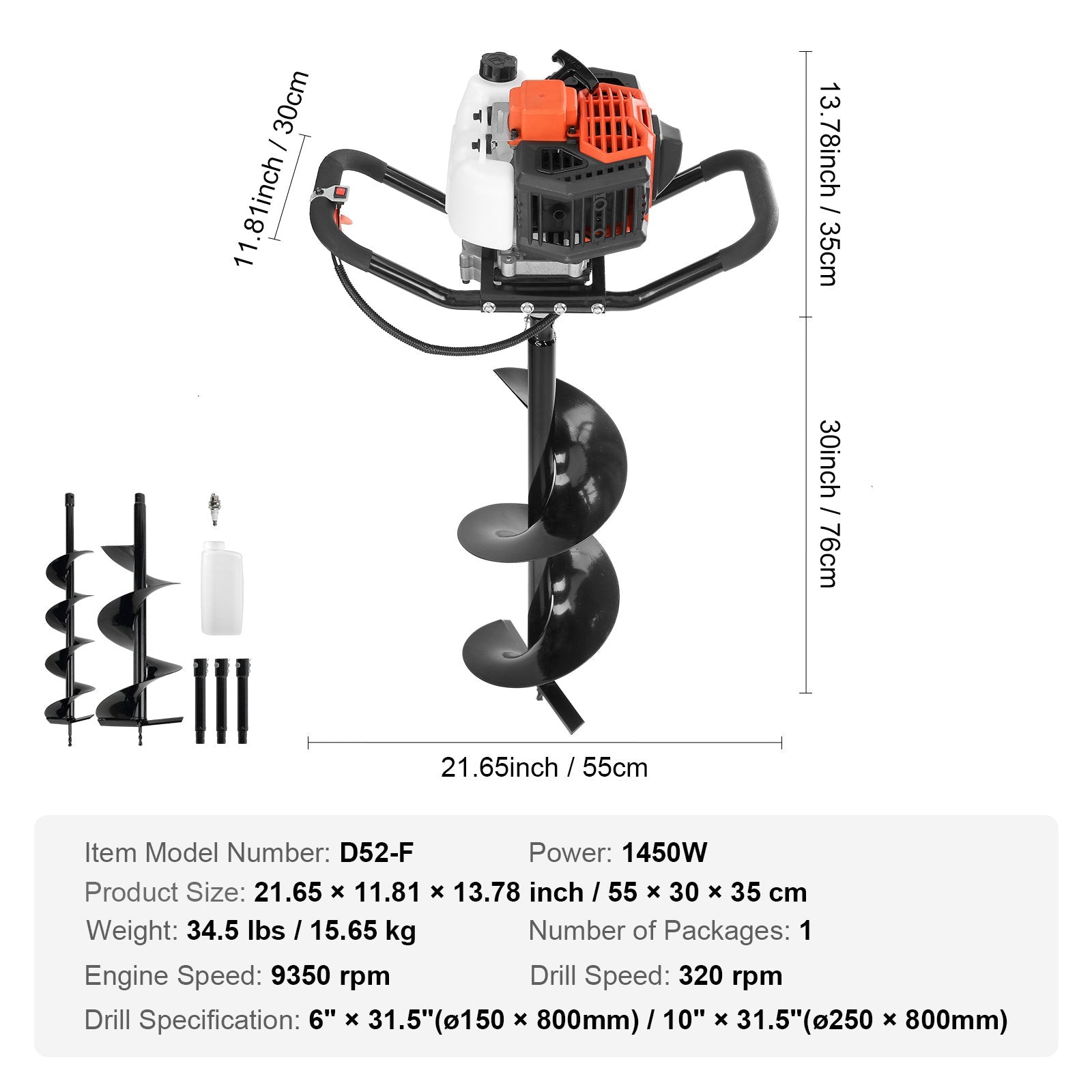 VEVOR Post Hole Digger, 52cc 1450W Auger Post Hole Digger, Gas Powered Earth Digger With Two Earth Auger Drill Bit3 Extension Rods, For Farmland, Garden And Plant, EPA Certification Delight Stuffz